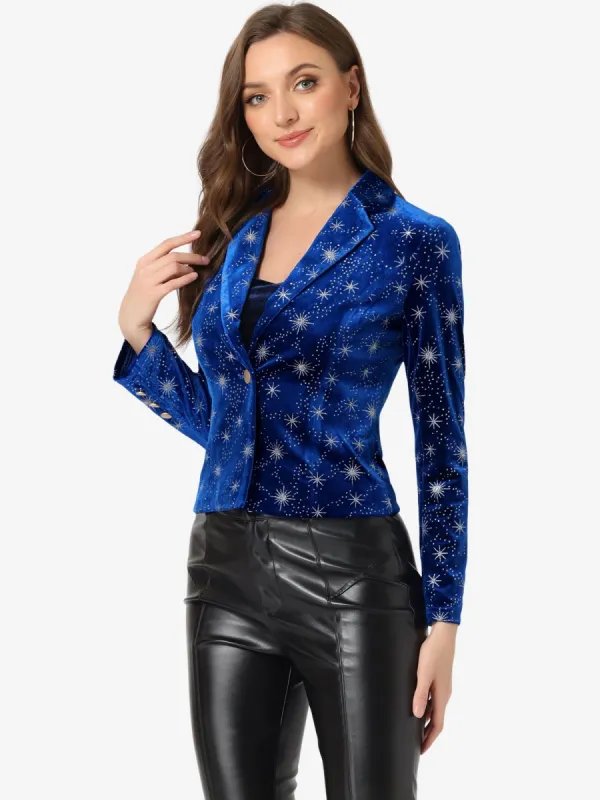 Metallic Star Single Button Velvet Lapel Crop Blazer sold by Allegra K