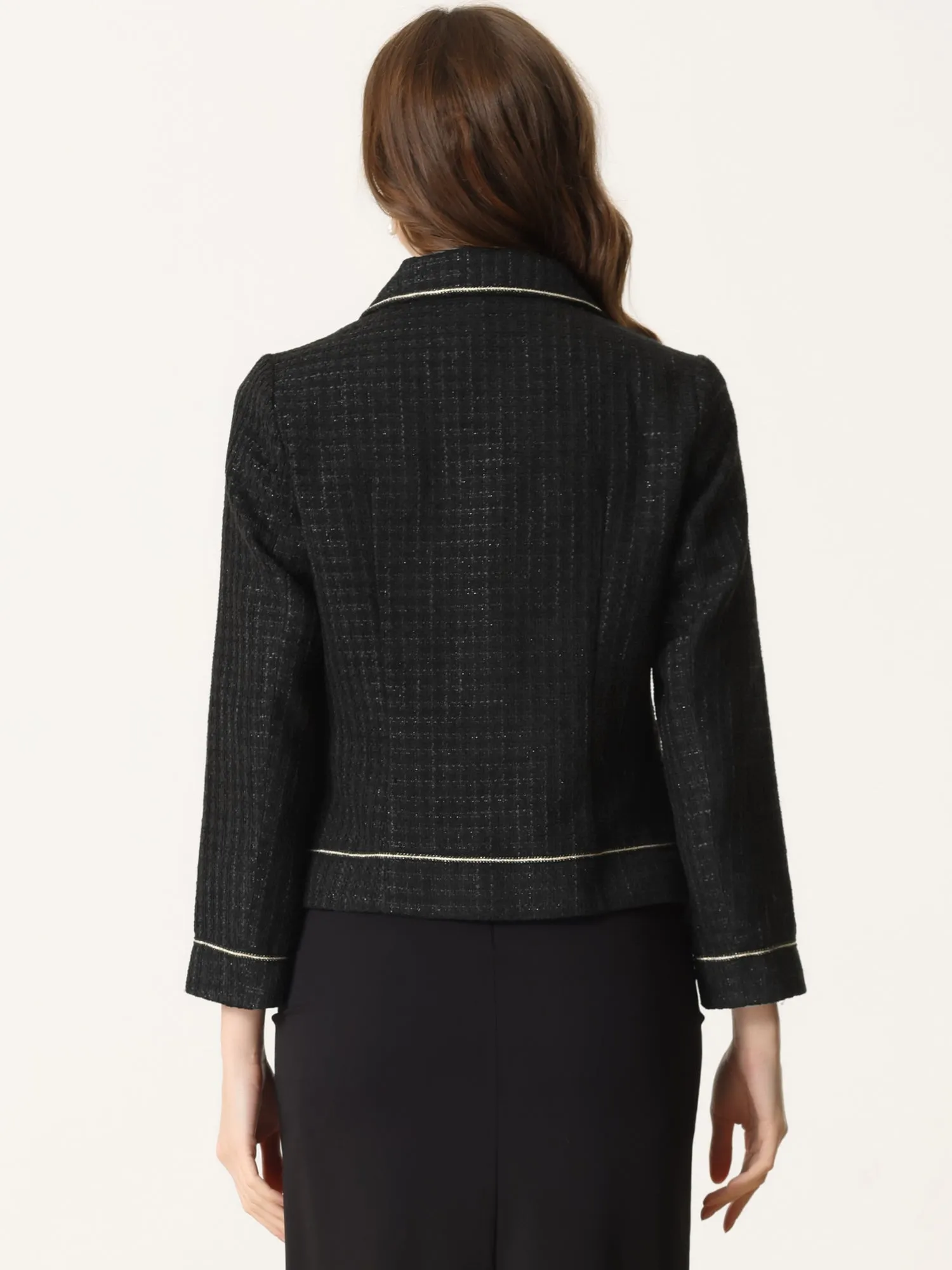 Collared Long Sleeve Contrast Trim Button Down Work Short Jacket sold by Allegra K product image thumbnail 4