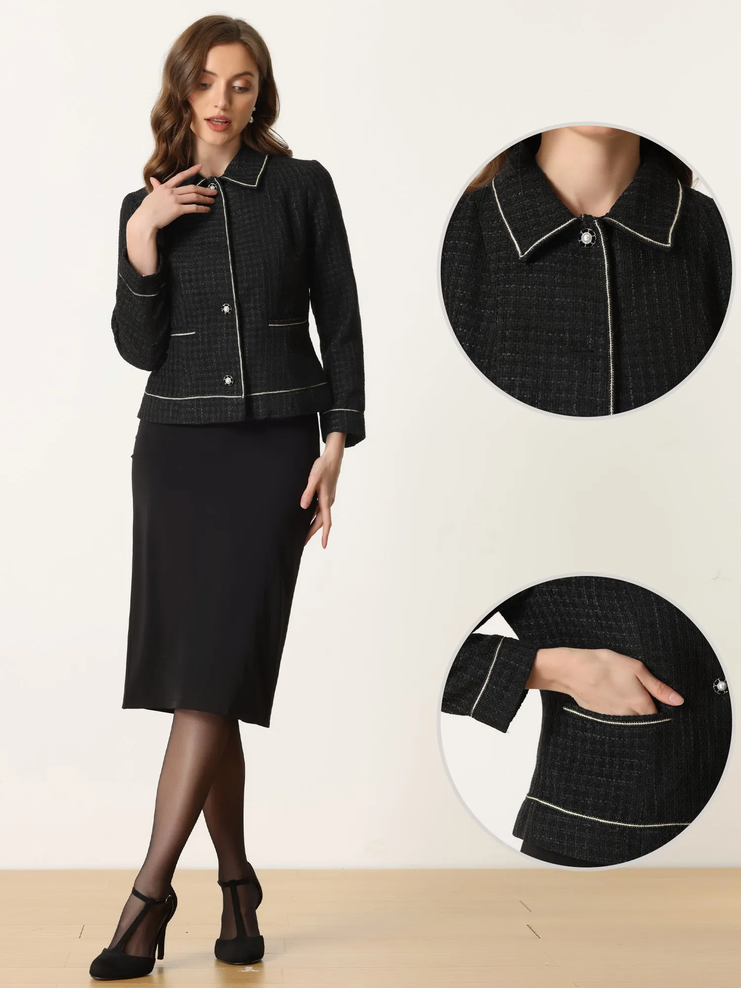 Collared Long Sleeve Contrast Trim Button Down Work Short Jacket sold by Allegra K product image thumbnail 3