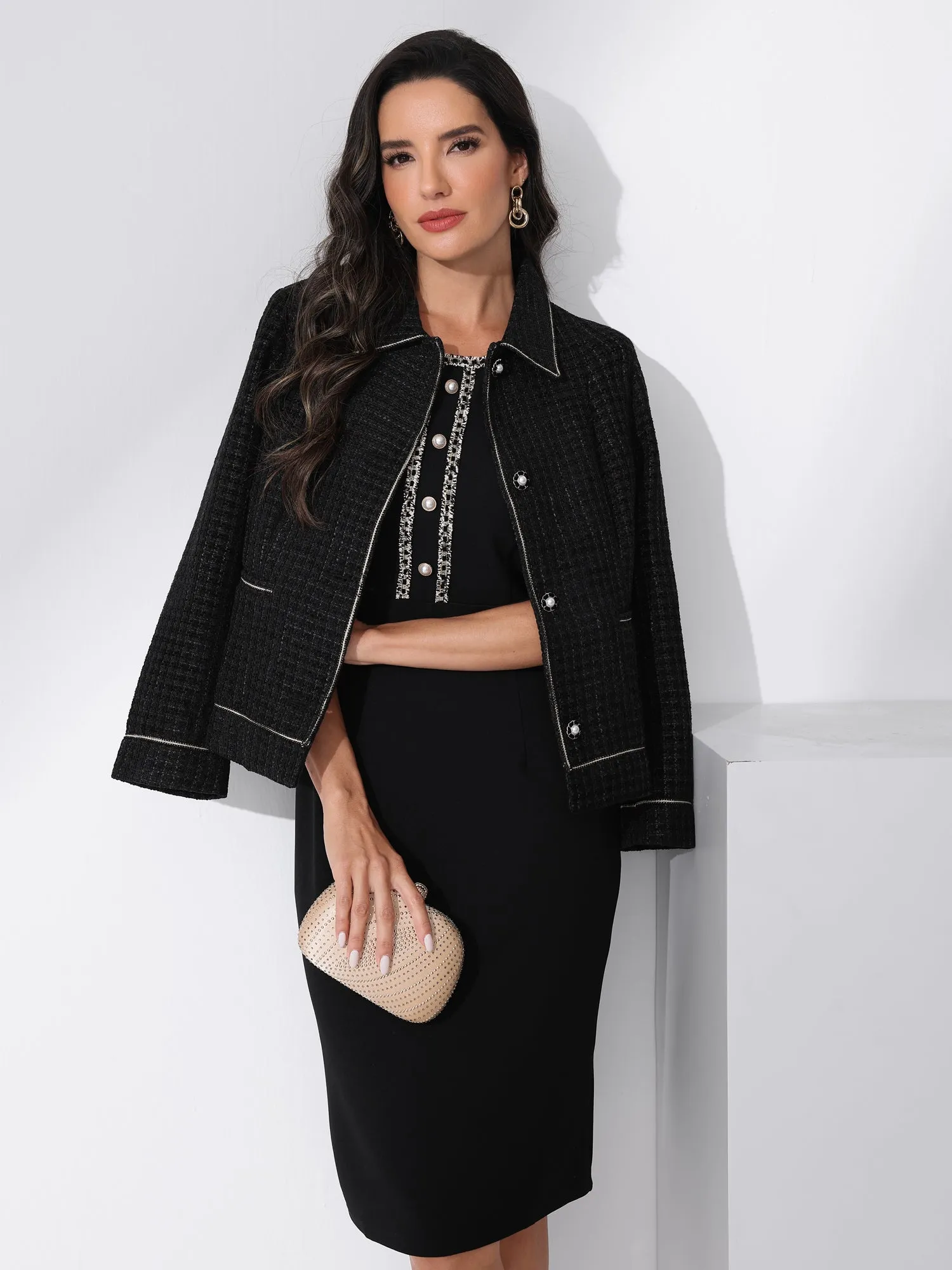 Collared Long Sleeve Contrast Trim Button Down Work Short Jacket sold by Allegra K product image thumbnail 2