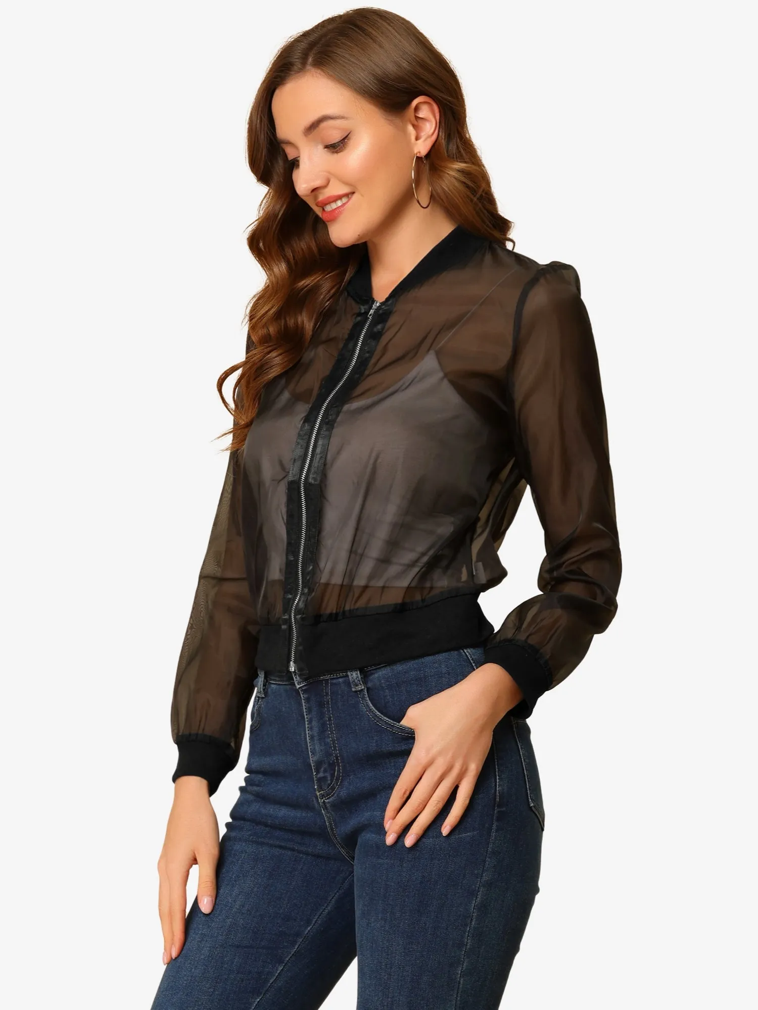 Zip Up See Through Lightweight Long Sleeve Mesh Bomber Jacket sold by Allegra K product image thumbnail 2