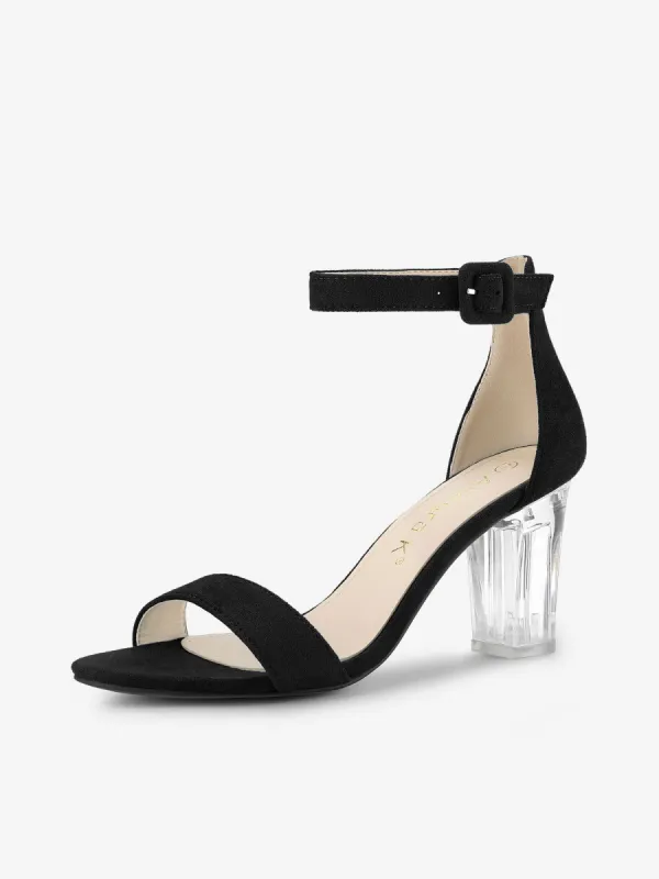 Faux Suede Open Toe Ankle Strap Clear Chunky Heel Sandals sold by Allegra K