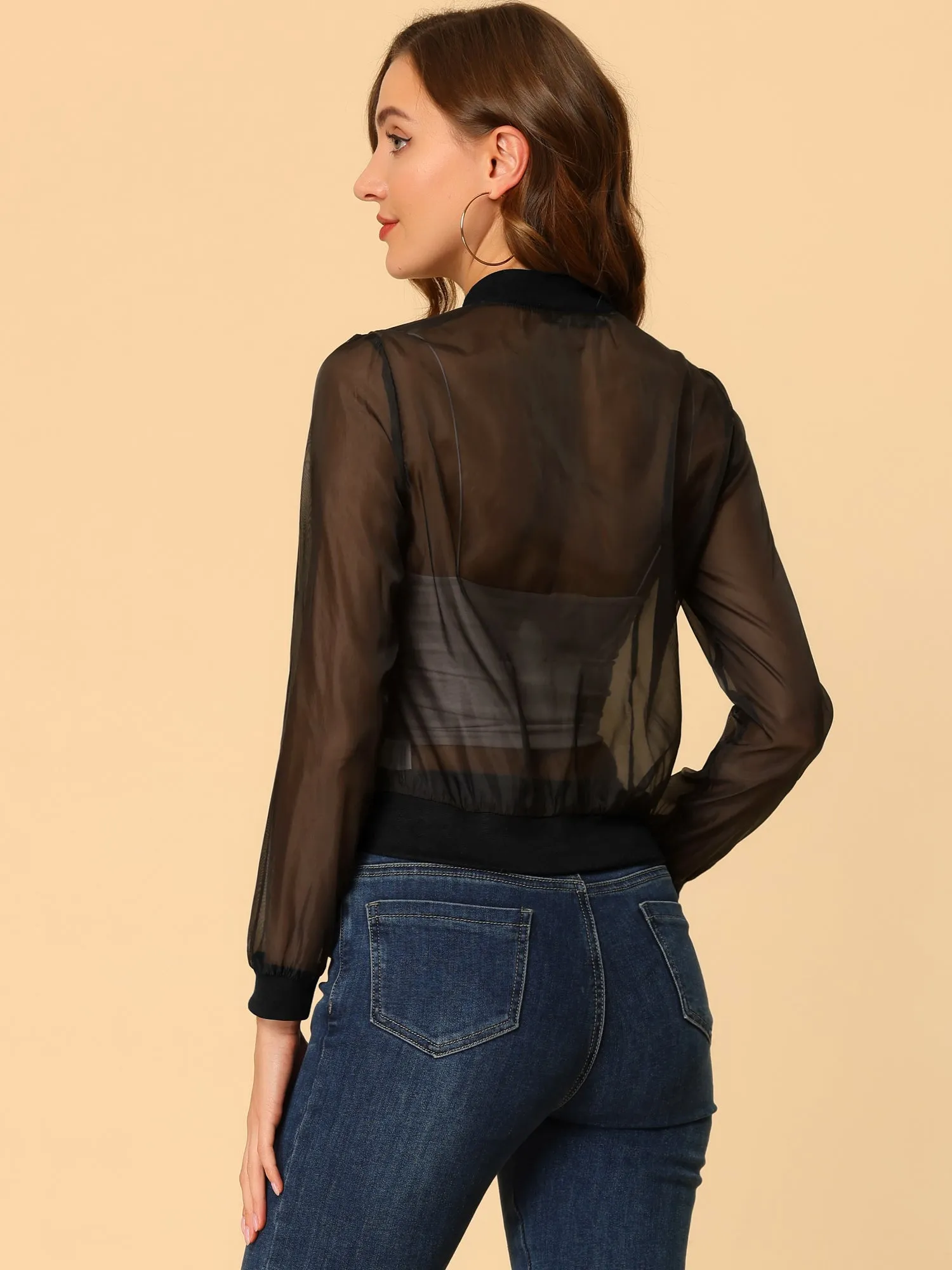 Zip Up See Through Lightweight Long Sleeve Mesh Bomber Jacket sold by Allegra K product image thumbnail 3