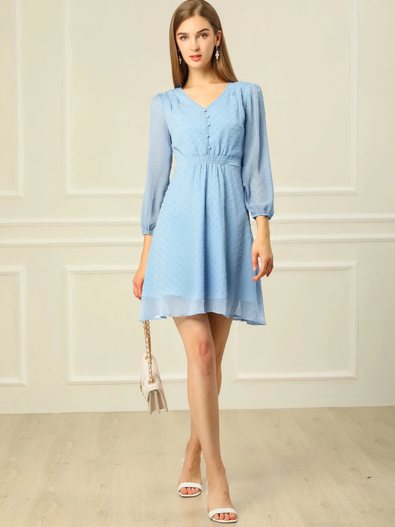 Swiss Dots Elastic Waist 3/4 Sleeve A-line Solid Flowy Chiffon Dress sold by Allegra K product image thumbnail 3