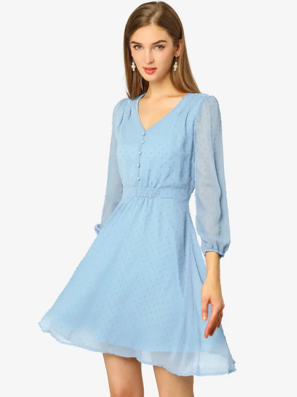 Swiss Dots Elastic Waist 3/4 Sleeve A-line Solid Flowy Chiffon Dress sold by Allegra K