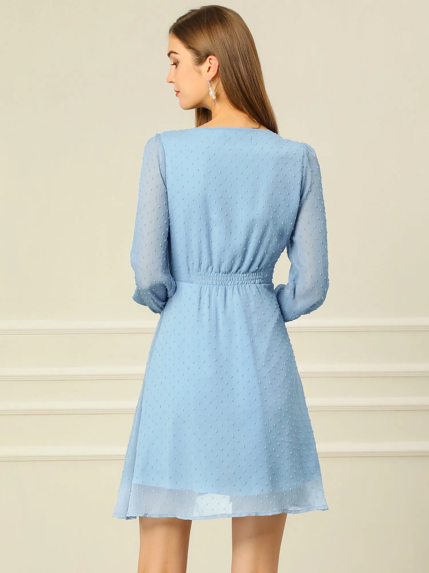 Swiss Dots Elastic Waist 3/4 Sleeve A-line Solid Flowy Chiffon Dress sold by Allegra K product image thumbnail 5