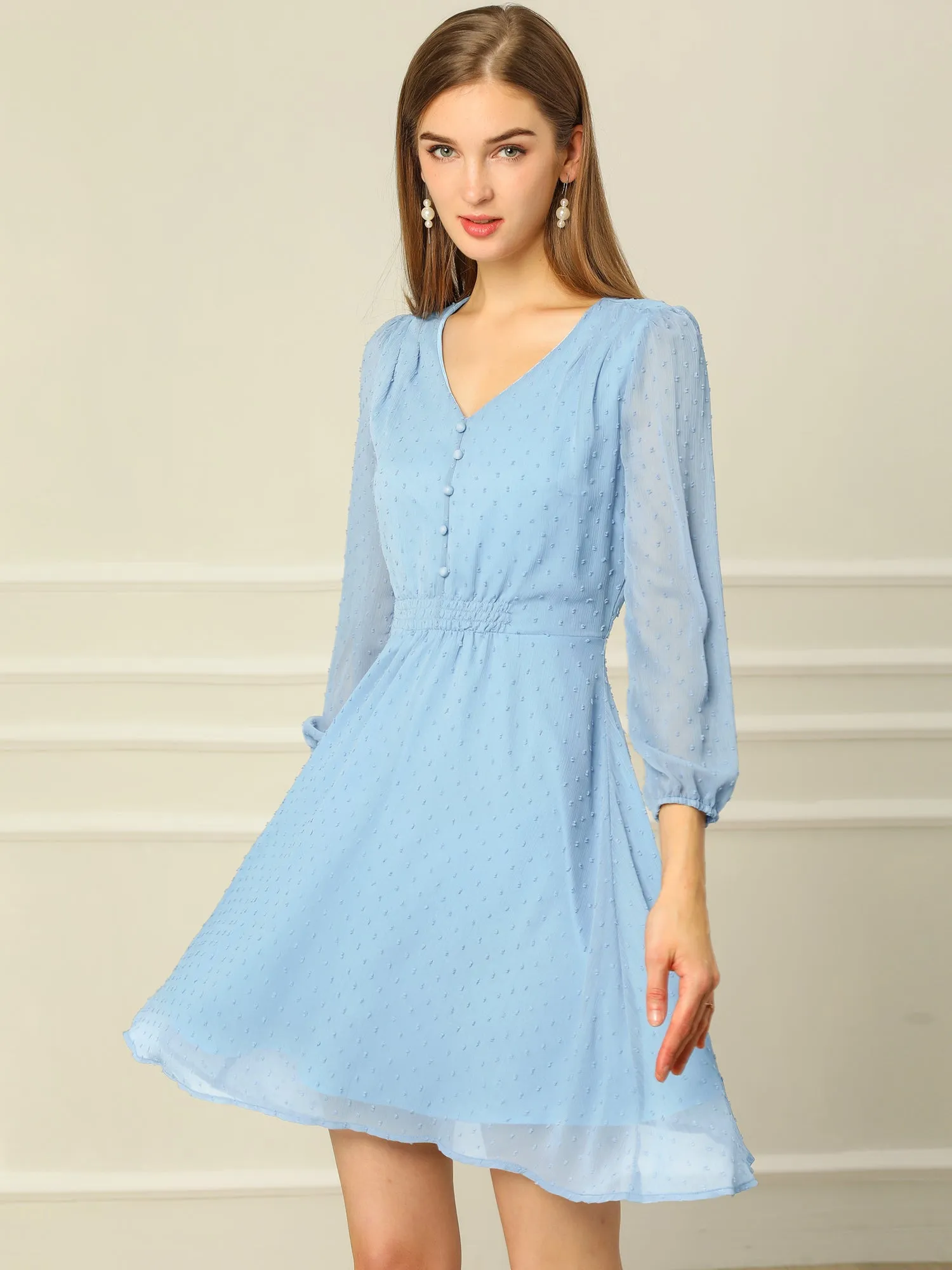 Swiss Dots Elastic Waist 3/4 Sleeve A-line Solid Flowy Chiffon Dress sold by Allegra K product image thumbnail 2