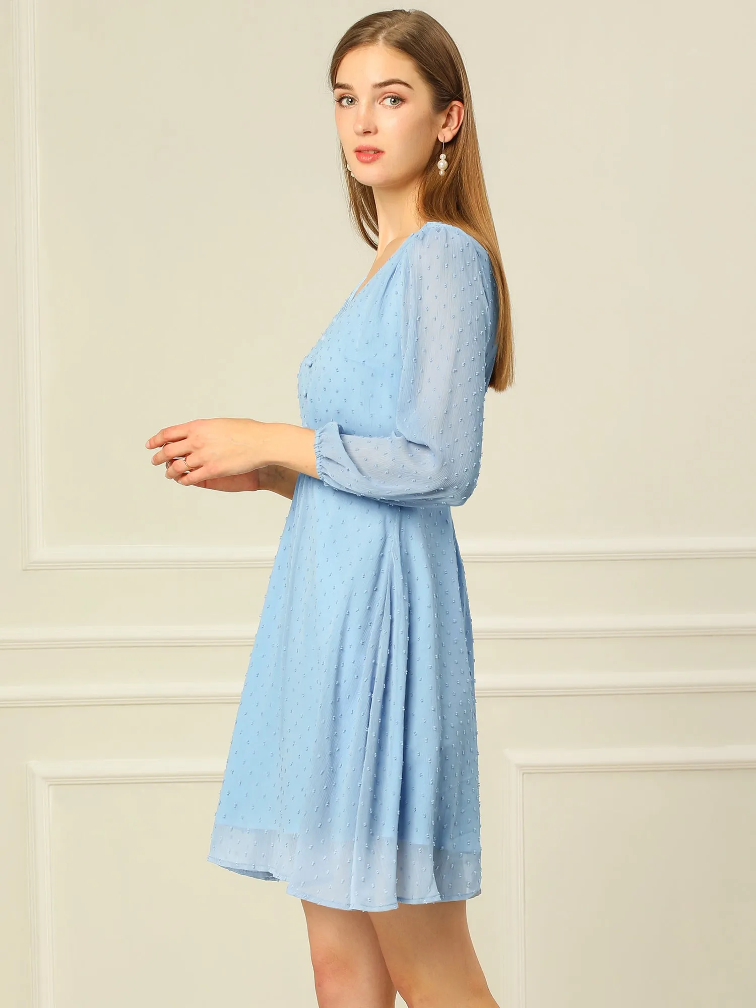 Swiss Dots Elastic Waist 3/4 Sleeve A-line Solid Flowy Chiffon Dress sold by Allegra K product image thumbnail 4