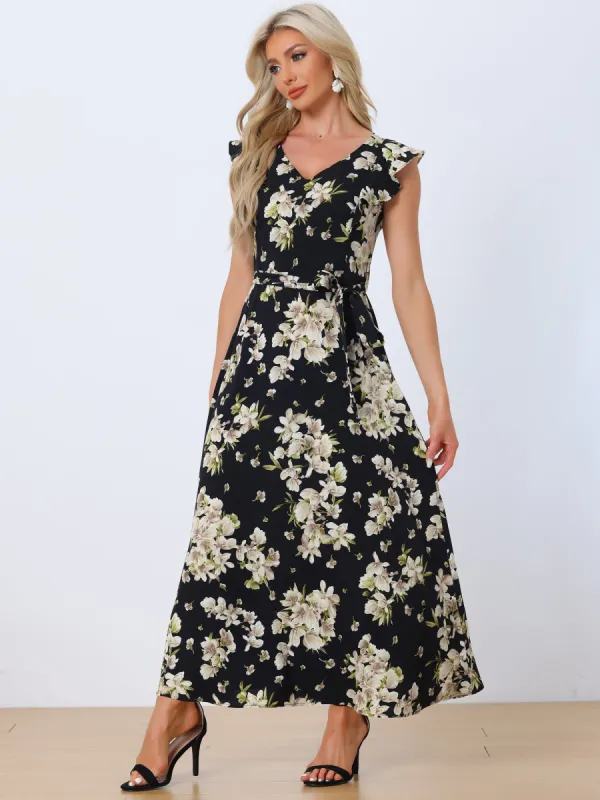 Floral V-Neck Ruffled Flare Sleeves Belted Vacation Maxi Dress Sundress sold by Allegra K