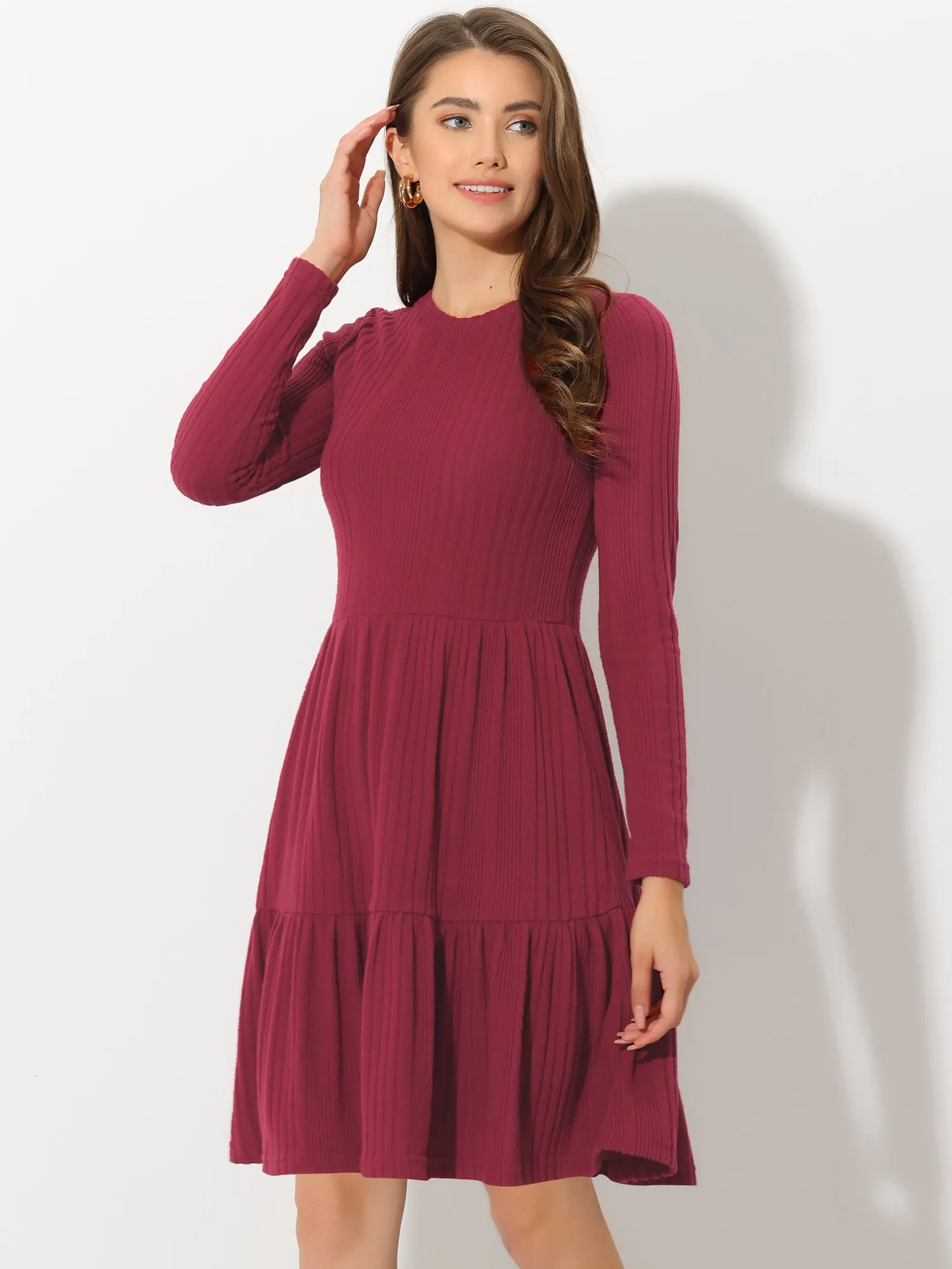 Knitted Crewneck Long Sleeve Fit and Flare Sweater Dress sold by Allegra K product image thumbnail 5