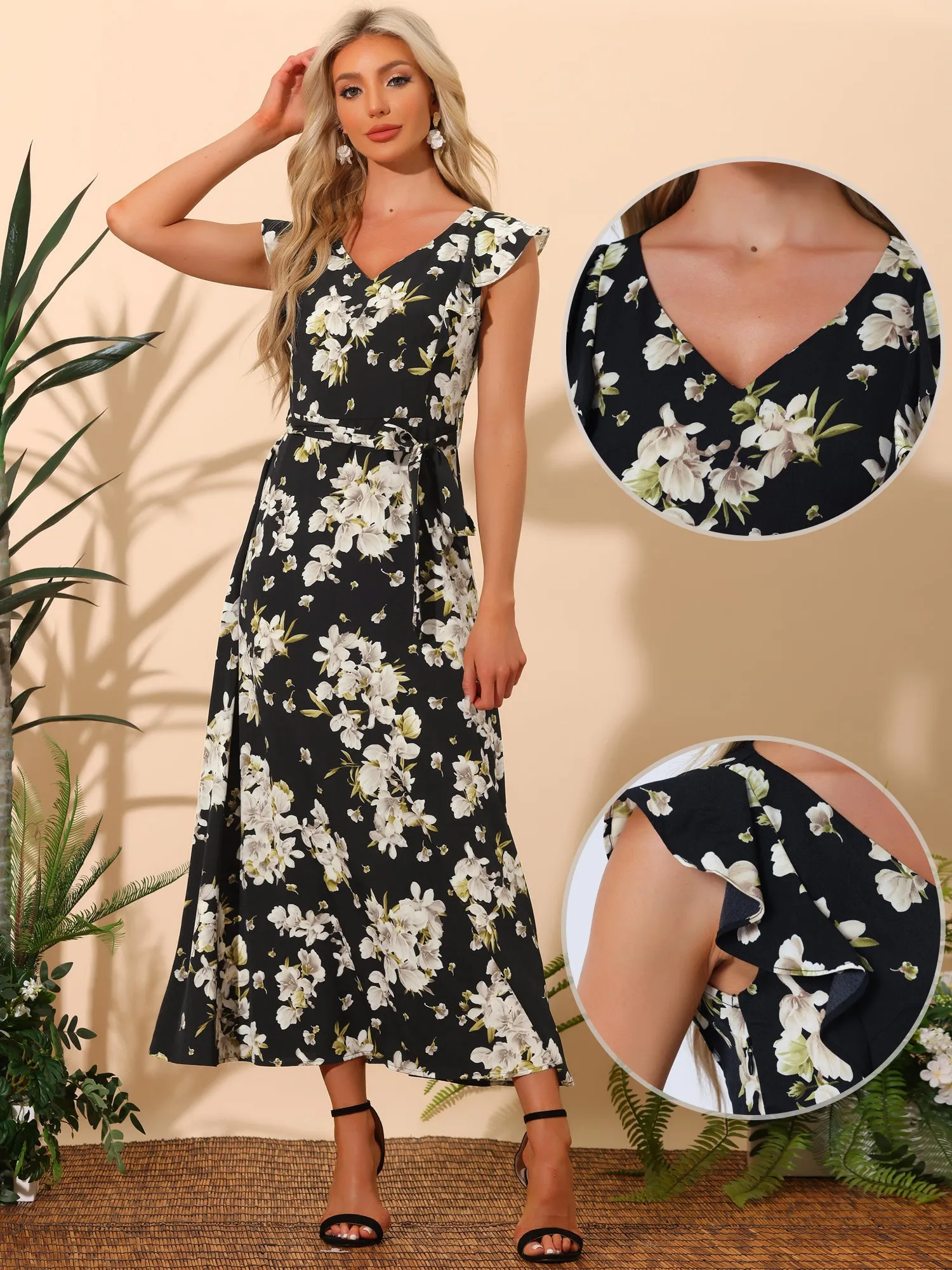 Floral V-Neck Ruffled Flare Sleeves Belted Vacation Maxi Dress Sundress sold by Allegra K product image thumbnail 2