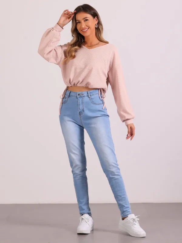 Textured Waffle Knit Casual Long Sleeve Drawstring Hem Cropped Blouse sold by Allegra K