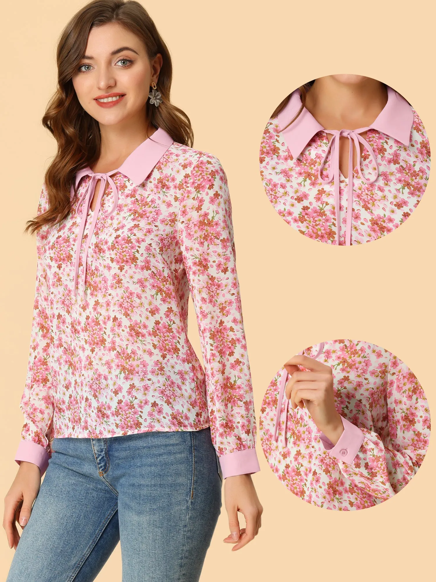 Floral Tops Contrast Tie Neck Long Sleeve Sheer Top sold by Allegra K product image thumbnail 2
