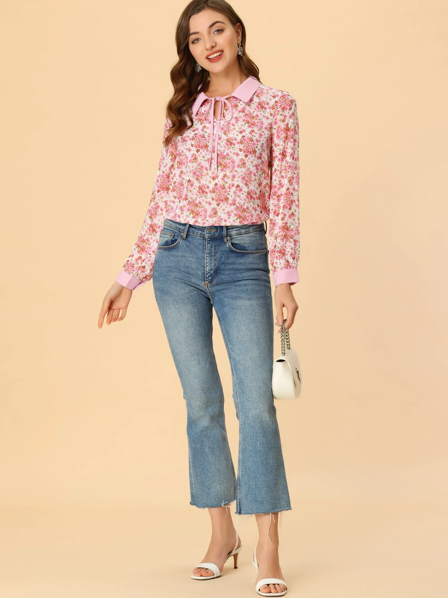 Floral Tops Contrast Tie Neck Long Sleeve Sheer Top sold by Allegra K product image thumbnail 5