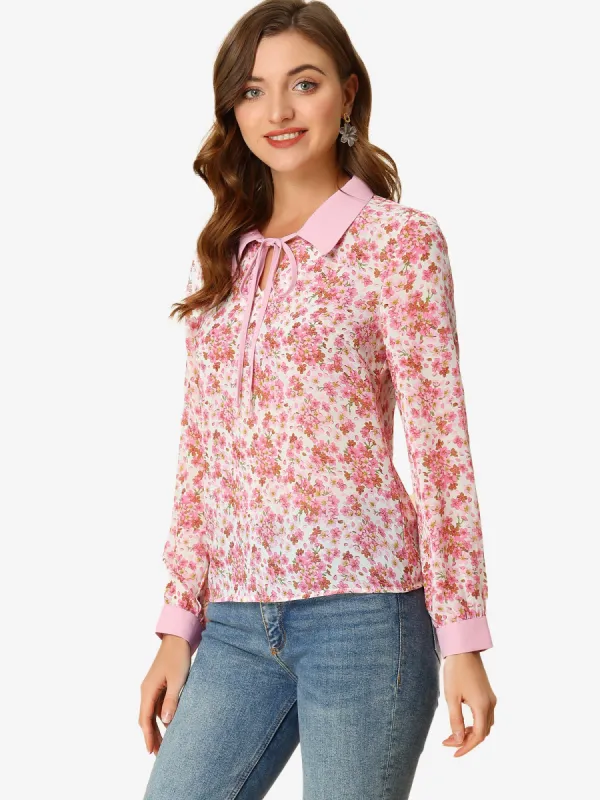 Floral Tops Contrast Tie Neck Long Sleeve Sheer Top sold by Allegra K