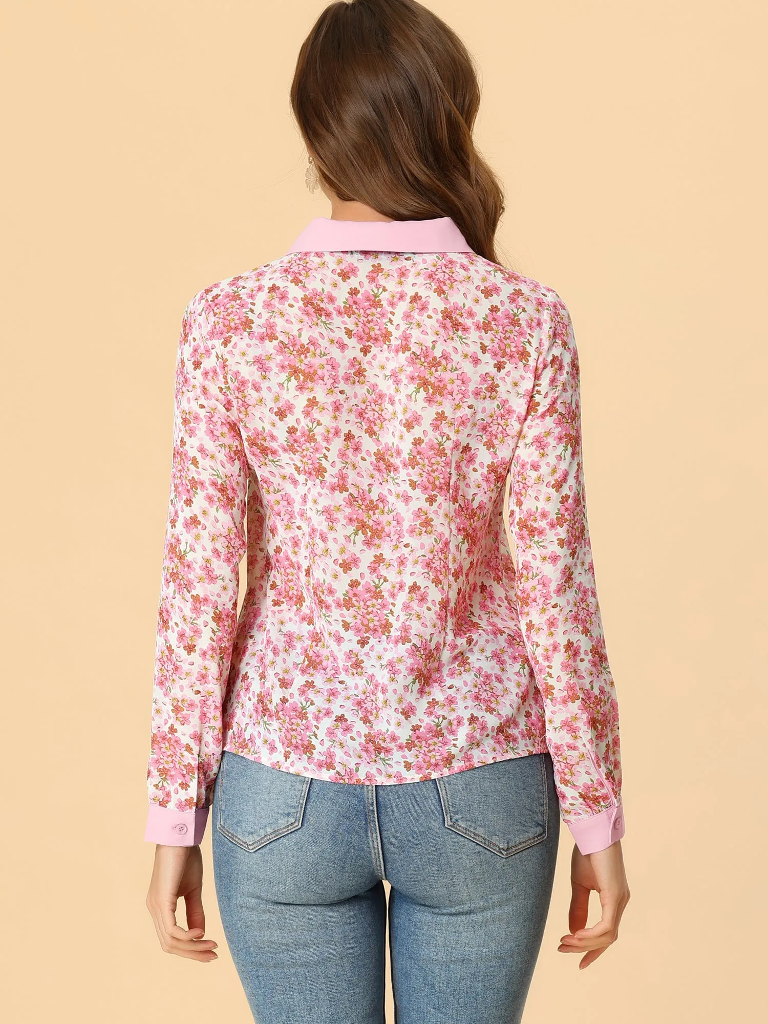 Floral Tops Contrast Tie Neck Long Sleeve Sheer Top sold by Allegra K product image thumbnail 3