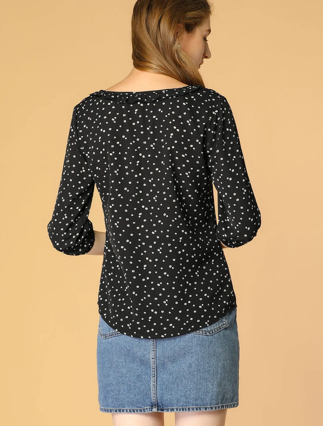 Floral DotsTop Ruffled Neck 3/4 Sleeve Spring Summer Blouse sold by Allegra K product image thumbnail 5