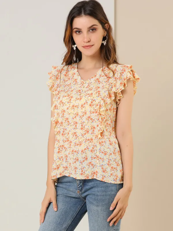Floral Ruffle Blouse Cap Sleeve V Neck Summer Shirt Blouse sold by Allegra K