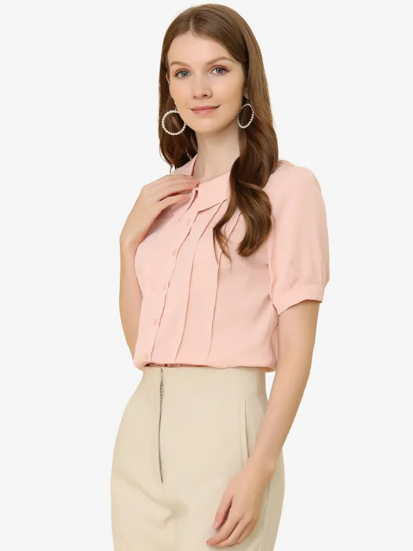 Work Top Turn Down Collar Pleated Short Sleeve Button Shirt sold by Allegra K