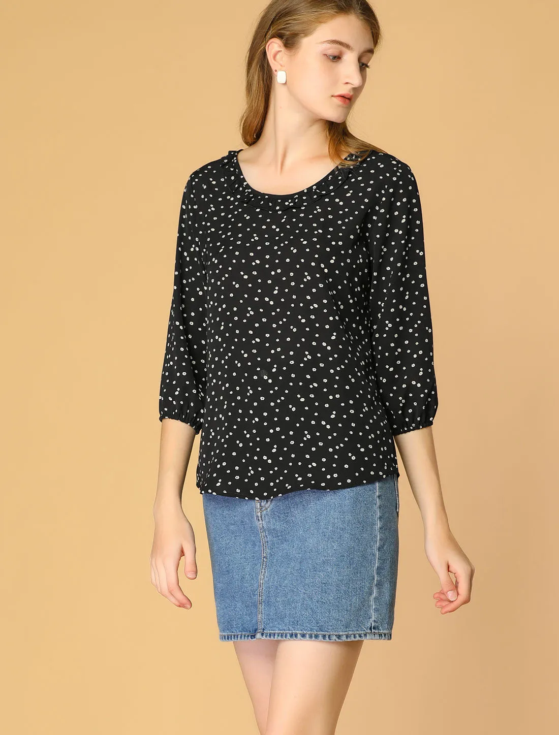 Floral DotsTop Ruffled Neck 3/4 Sleeve Spring Summer Blouse sold by Allegra K product image thumbnail 3