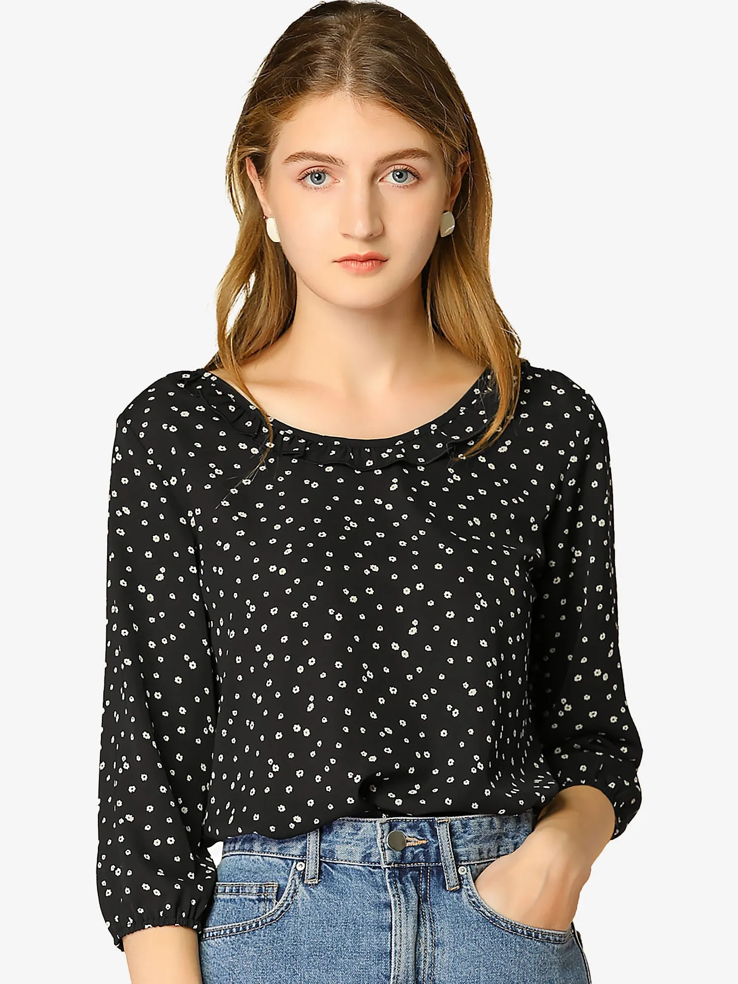 Floral DotsTop Ruffled Neck 3/4 Sleeve Spring Summer Blouse sold by Allegra K