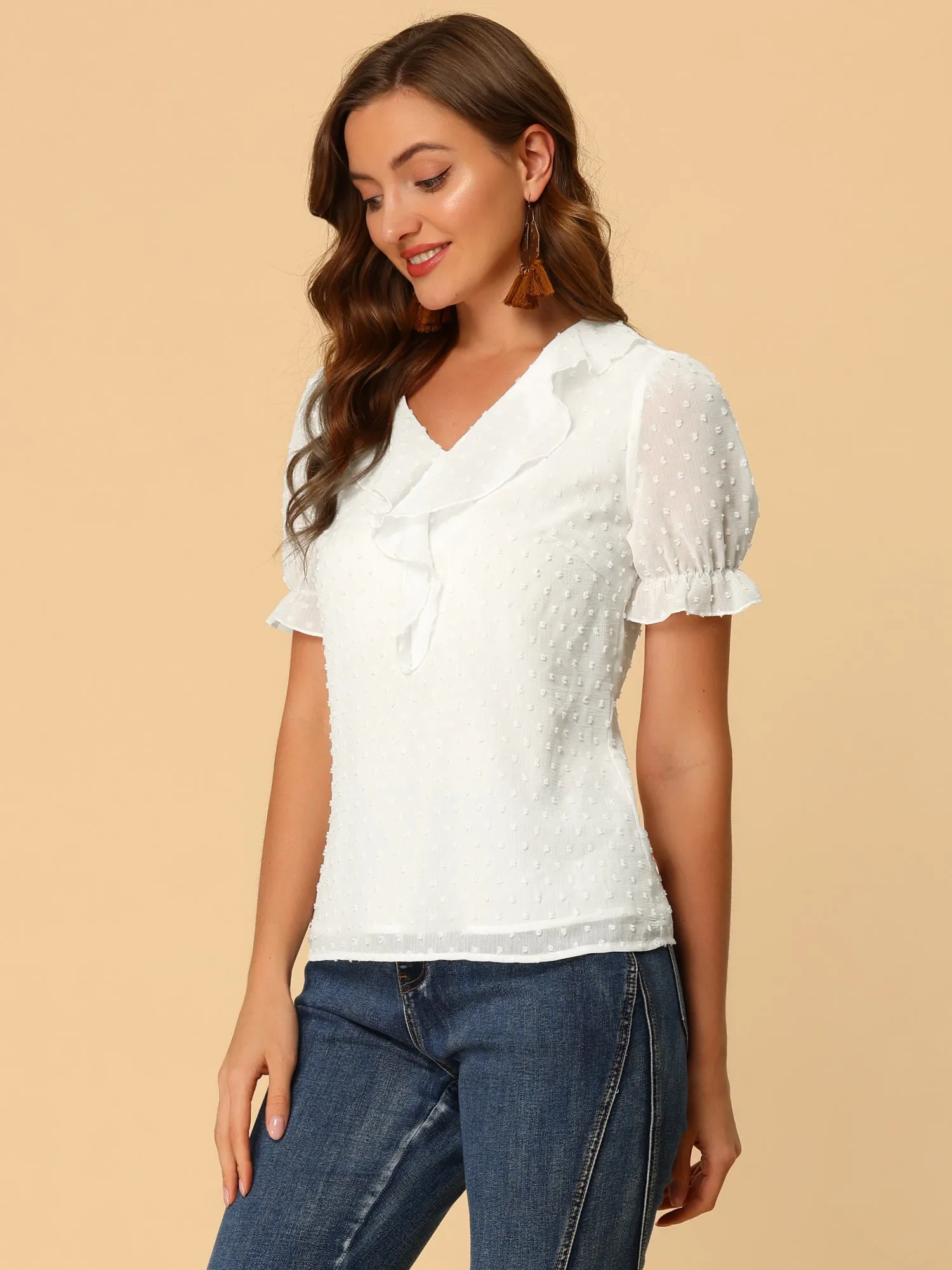 Elegant Ruffle V Neck Short Sleeve Swiss Dots Chiffon Blouse Top sold by Allegra K product image thumbnail 3