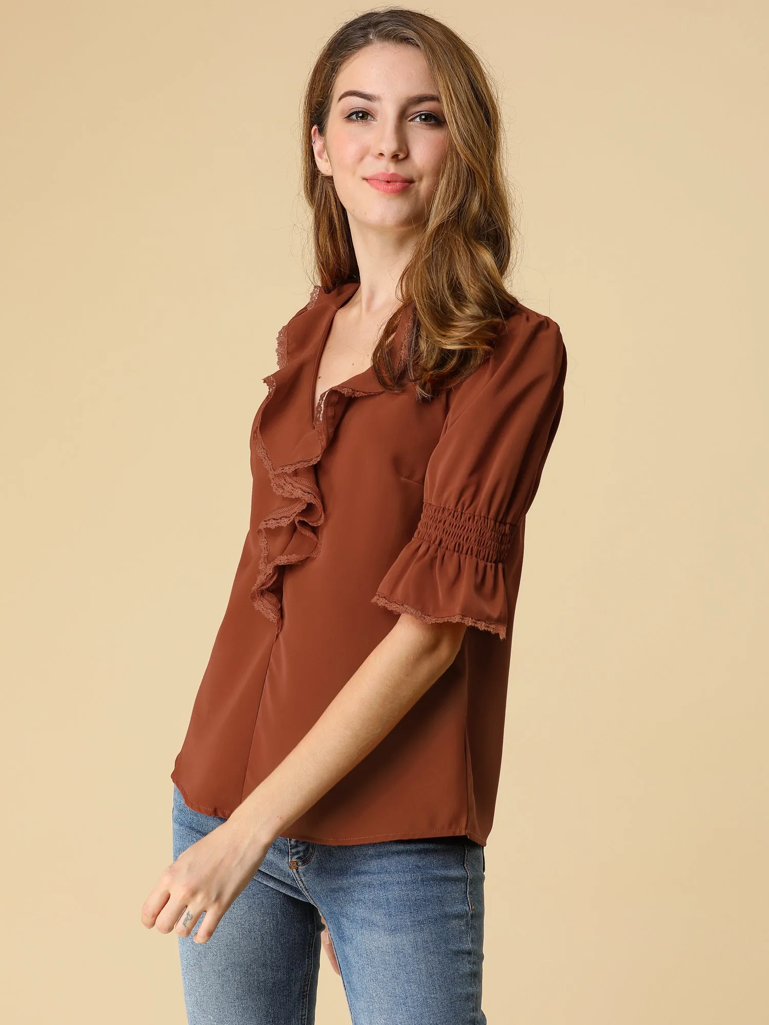 Ruffle Summer Casual Chiffon Peasant Blouse sold by Allegra K product image thumbnail 4