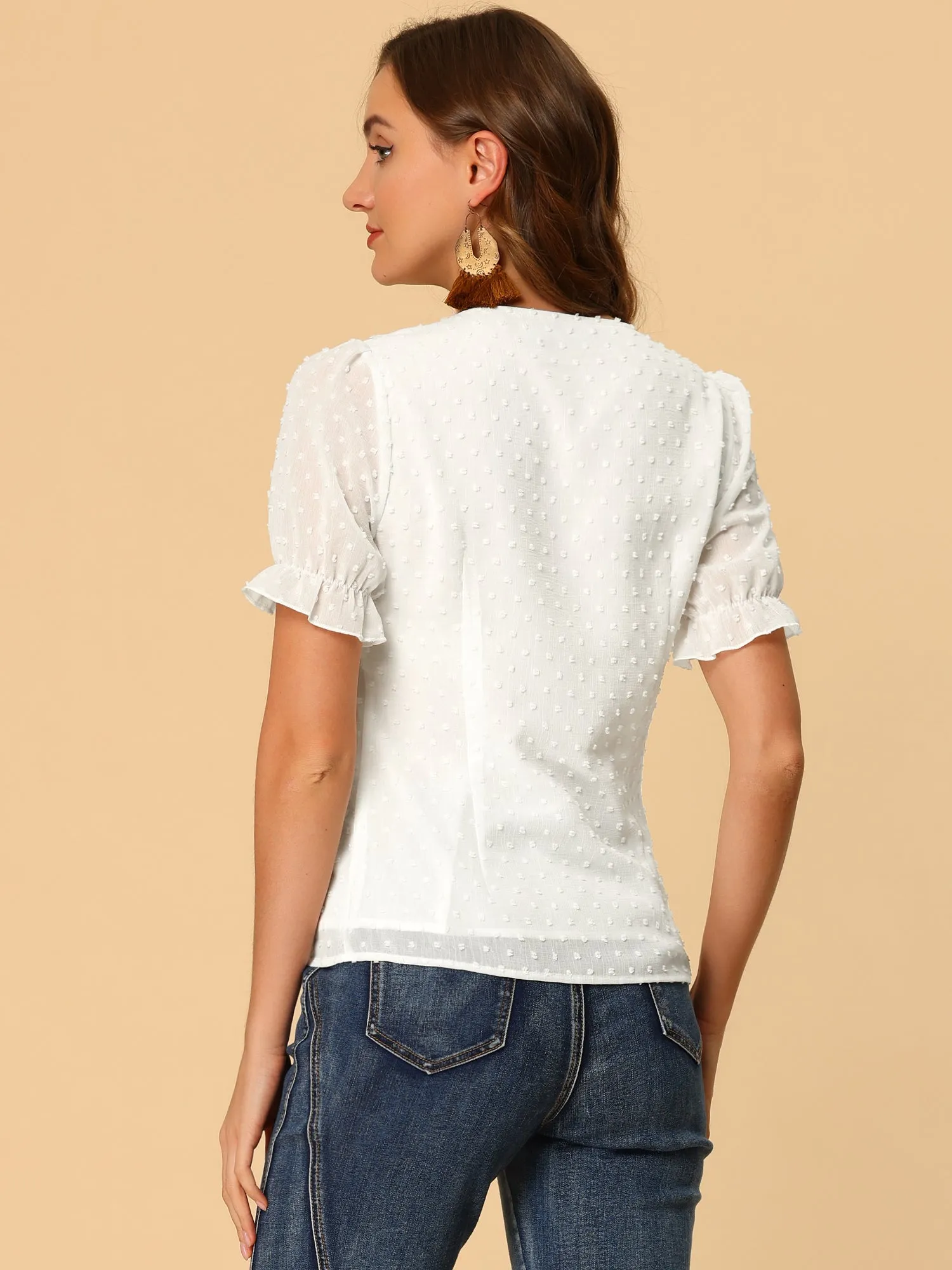 Elegant Ruffle V Neck Short Sleeve Swiss Dots Chiffon Blouse Top sold by Allegra K product image thumbnail 4