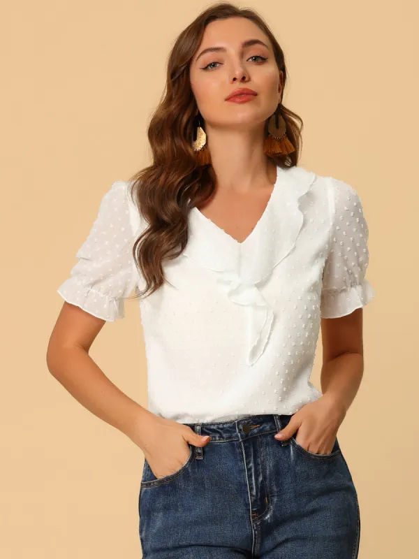 Elegant Ruffle V Neck Short Sleeve Swiss Dots Chiffon Blouse Top sold by Allegra K