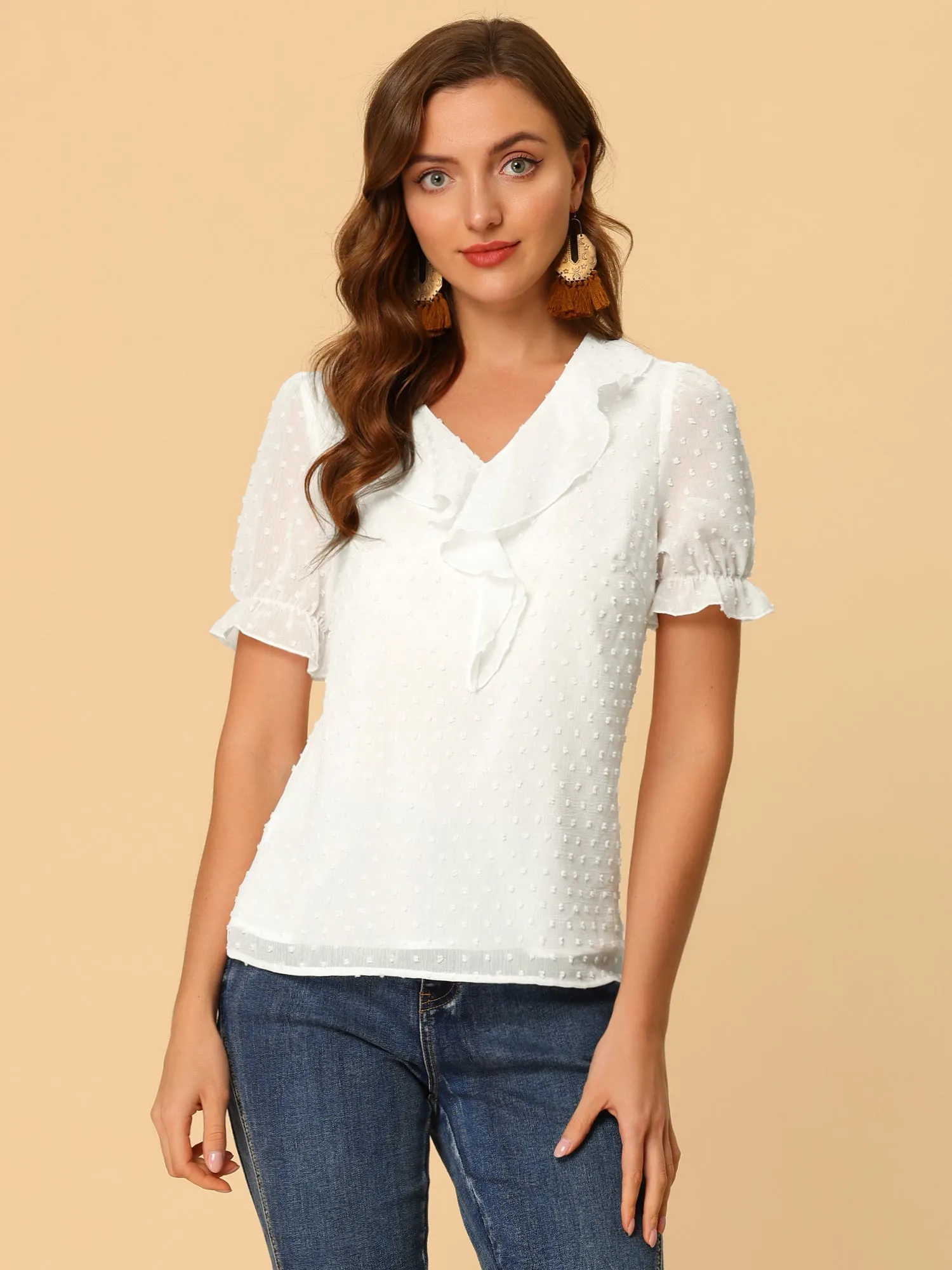 Elegant Ruffle V Neck Short Sleeve Swiss Dots Chiffon Blouse Top sold by Allegra K product image thumbnail 2