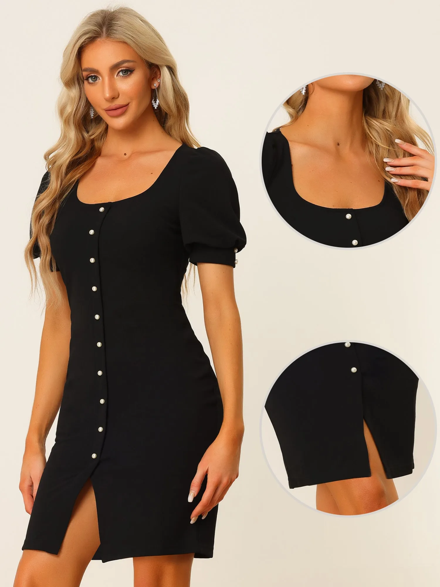 Bodycon Short Sleeve Button Decor Work Office Dress sold by Allegra K product image thumbnail 2