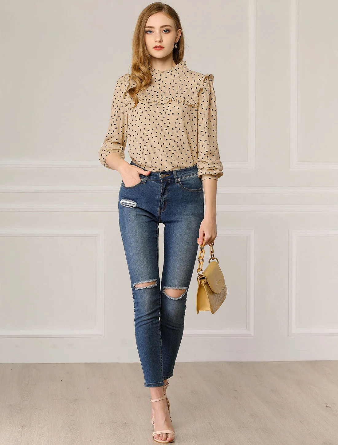 Vintage Ruffle Stand Collar Long Sleeve Polka Dots Blouse sold by Allegra K product image thumbnail 4