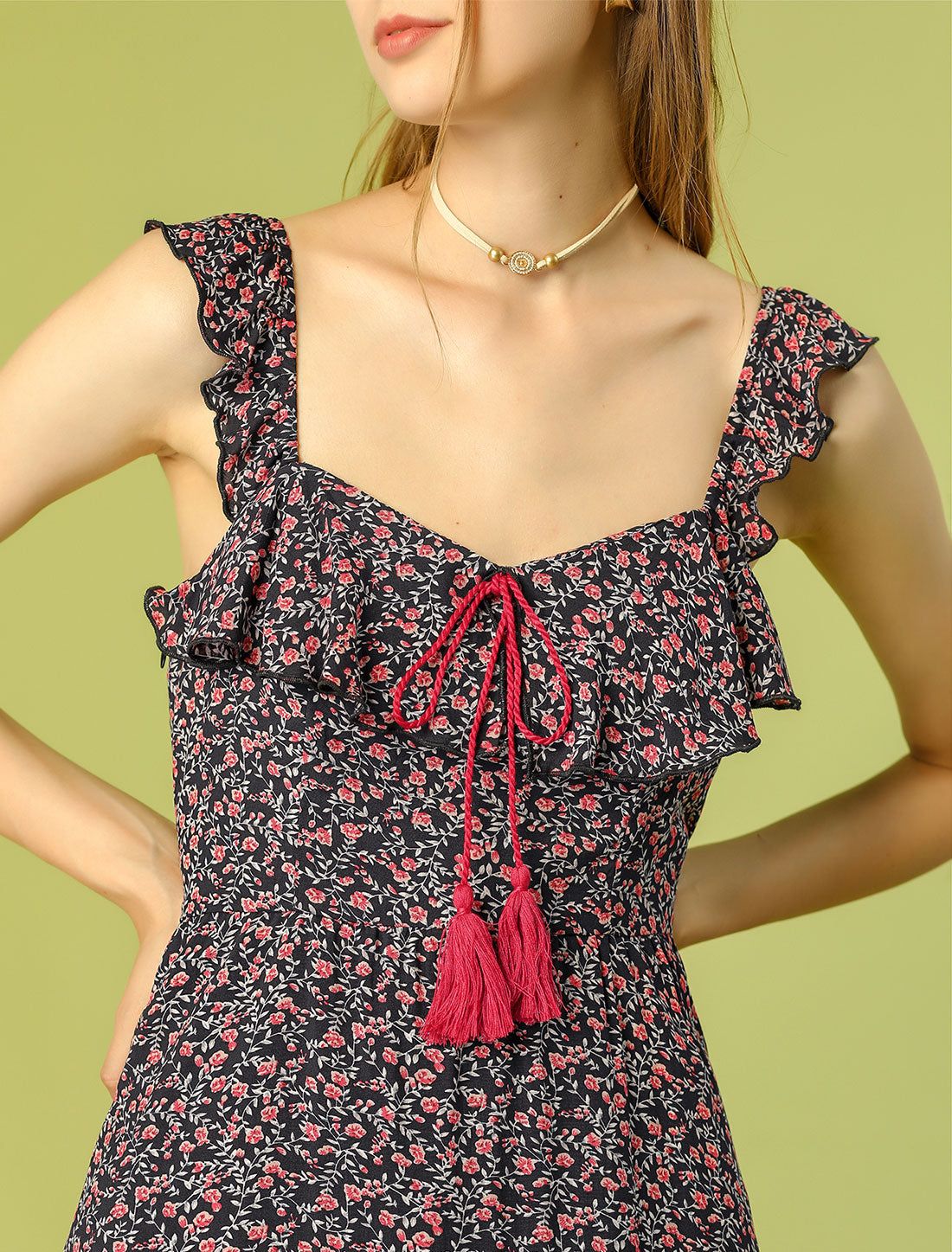 Floral Printed A-Line Tassels Tie Sweetheat Neck Ruffle Mini Dress sold by Allegra K product image thumbnail 5
