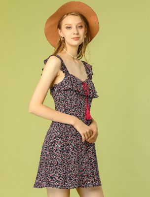 Floral Printed A-Line Tassels Tie Sweetheat Neck Ruffle Mini Dress sold by Allegra K