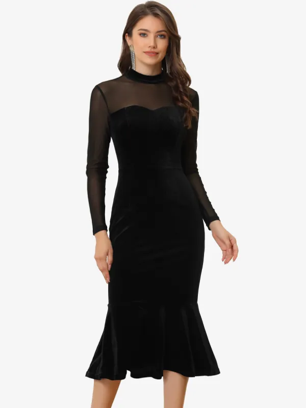 Bodycon Elegant Velvet Sheer Mesh Mock Neck Midi Cocktail Dress sold by Allegra K