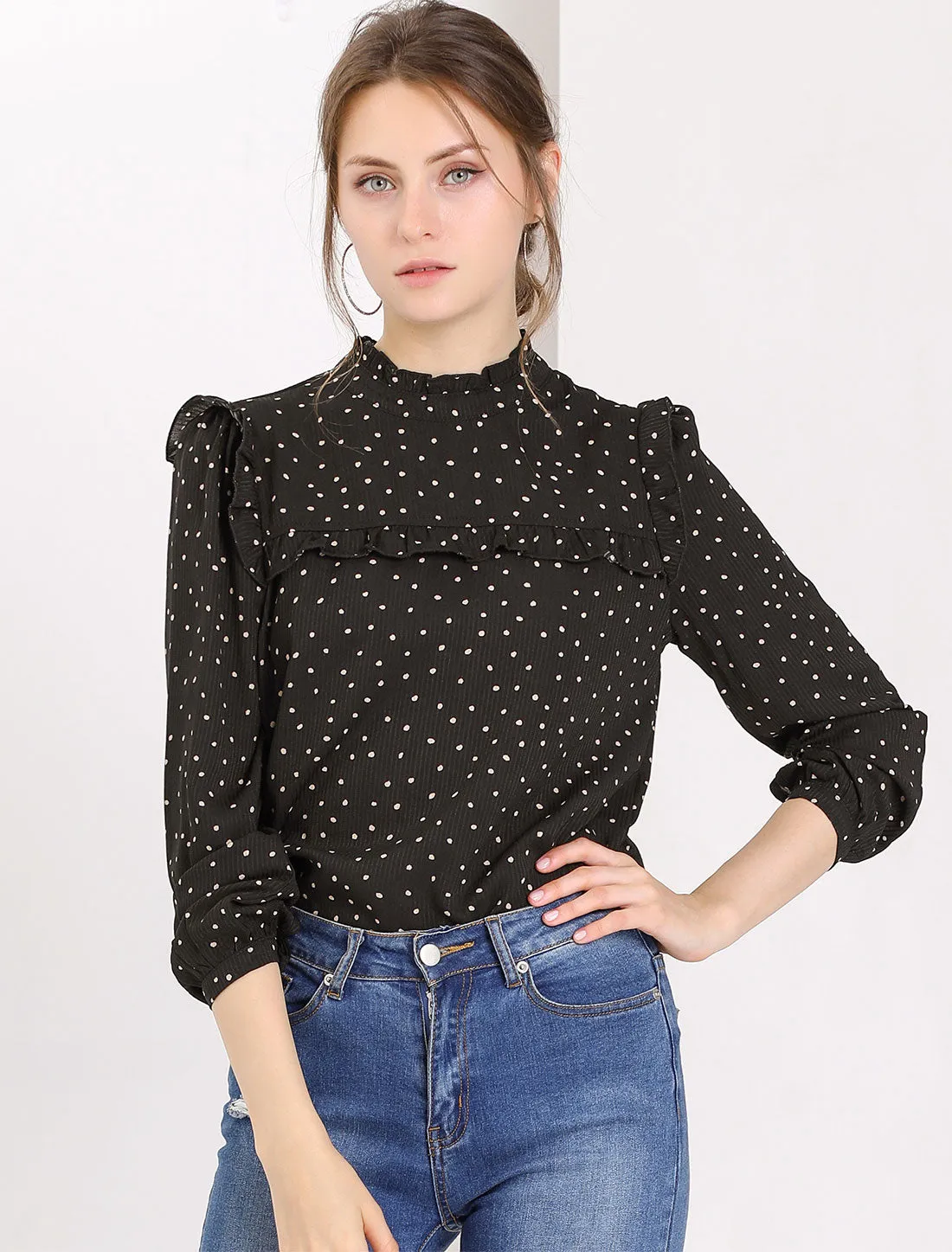 Vintage Ruffle Stand Collar Long Sleeve Polka Dots Blouse sold by Allegra K