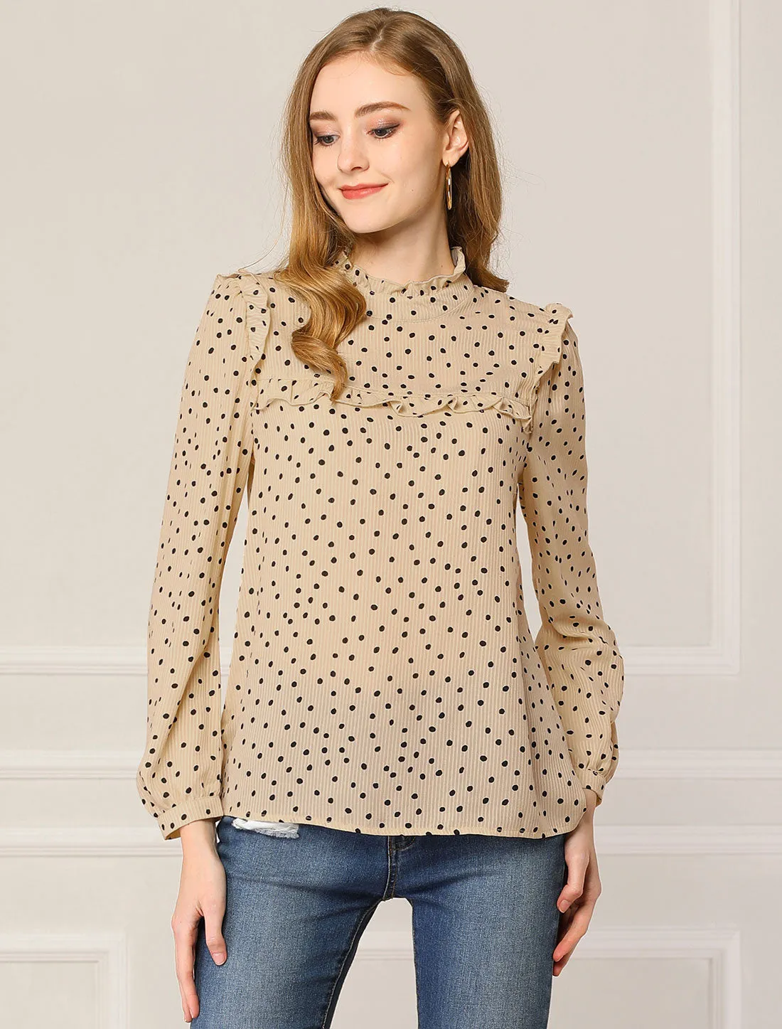 Vintage Ruffle Stand Collar Long Sleeve Polka Dots Blouse sold by Allegra K product image thumbnail 2