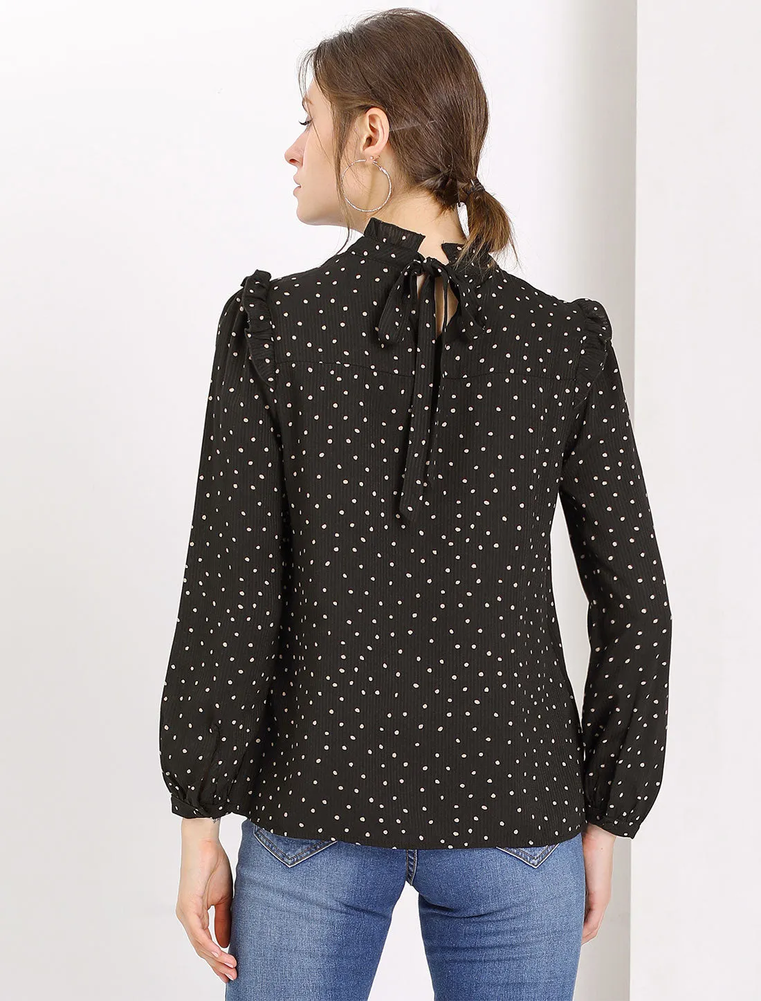 Vintage Ruffle Stand Collar Long Sleeve Polka Dots Blouse sold by Allegra K product image thumbnail 5