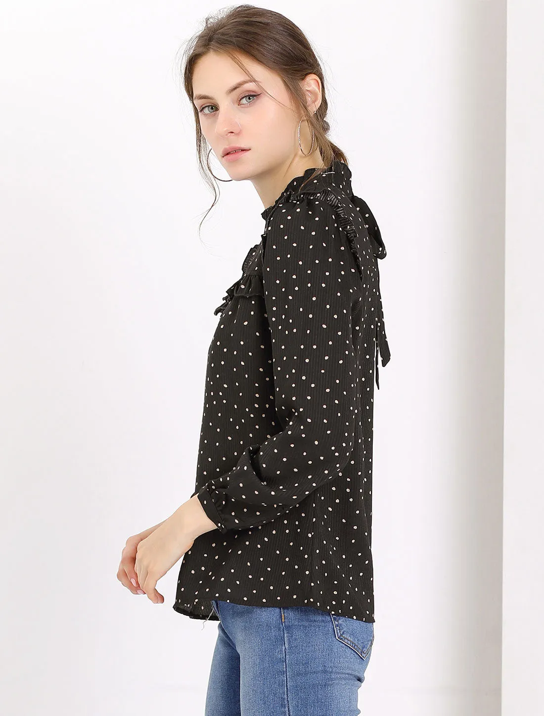 Vintage Ruffle Stand Collar Long Sleeve Polka Dots Blouse sold by Allegra K product image thumbnail 3
