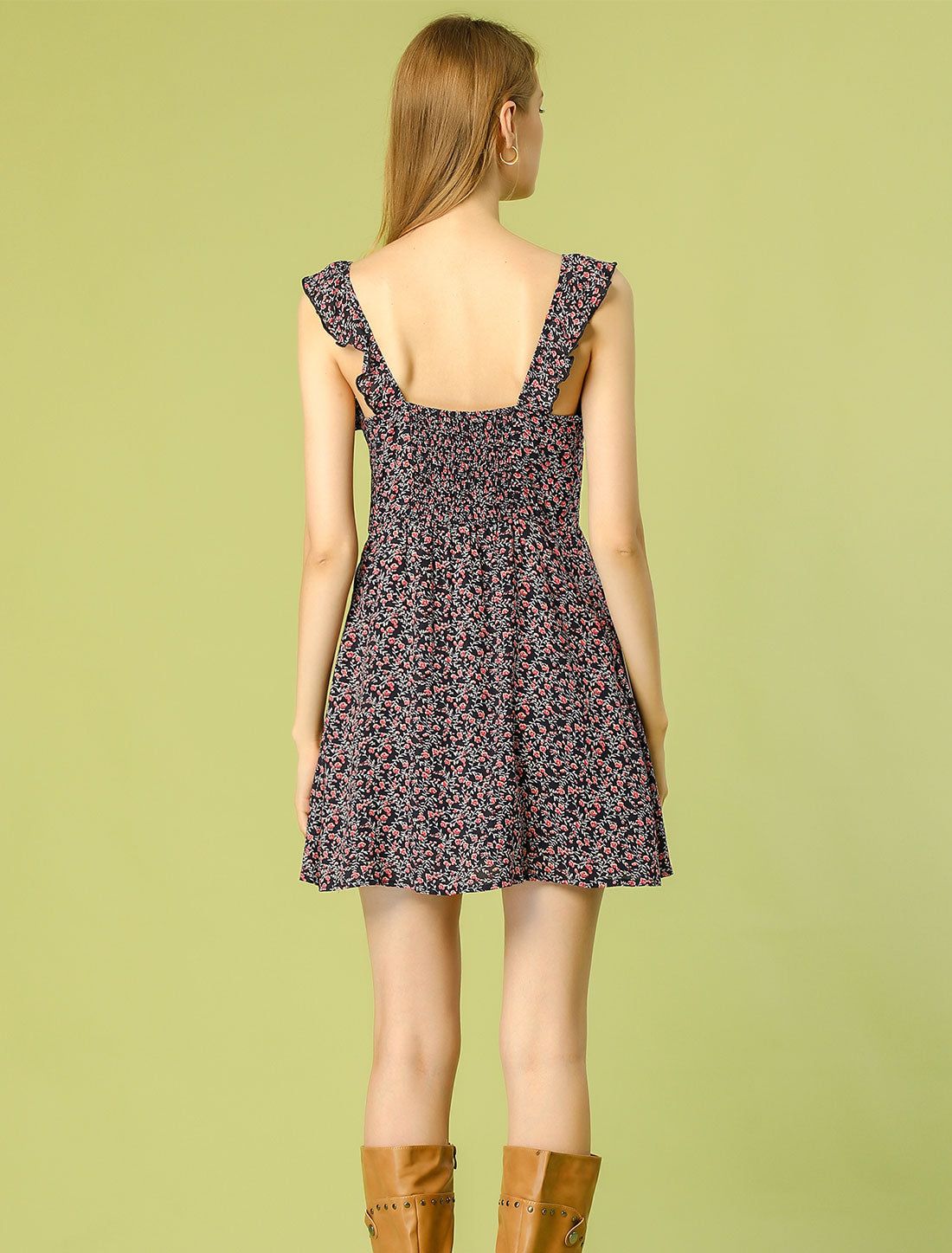 Floral Printed A-Line Tassels Tie Sweetheat Neck Ruffle Mini Dress sold by Allegra K product image thumbnail 4