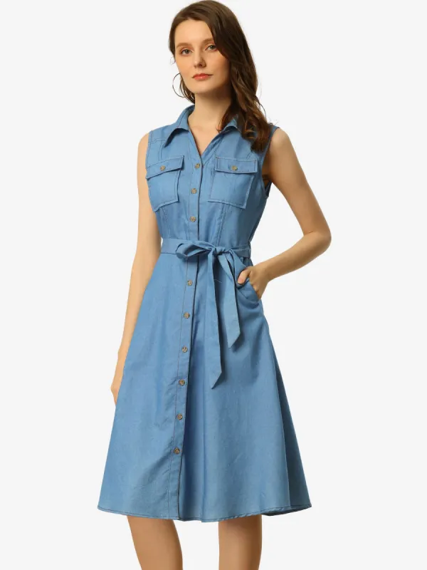 Chambray Lapel Sleeveless Tie Waist Button Front A-Line Dress sold by Allegra K