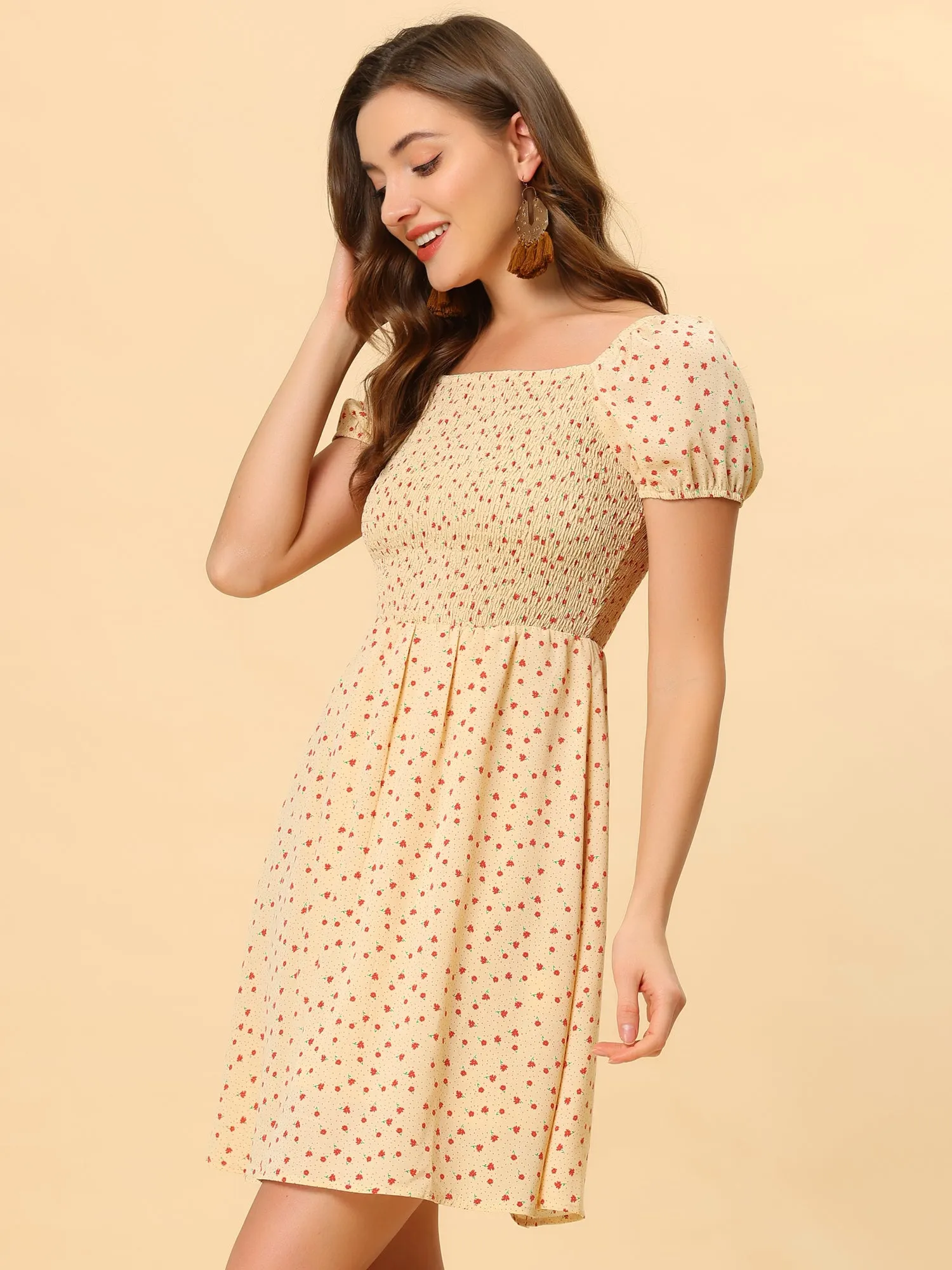 Smocked Short Sleeve Summer Chiffon A-Line Floral Square Neck Dress sold by Allegra K product image thumbnail 3