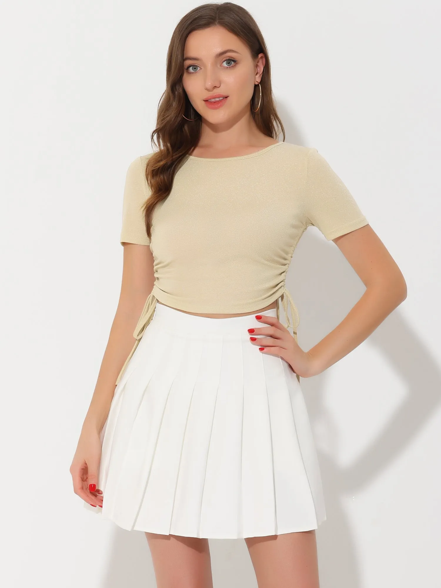 Drawstring Side Ruched Tee Shirt Glitter Crop Tops sold by Allegra K