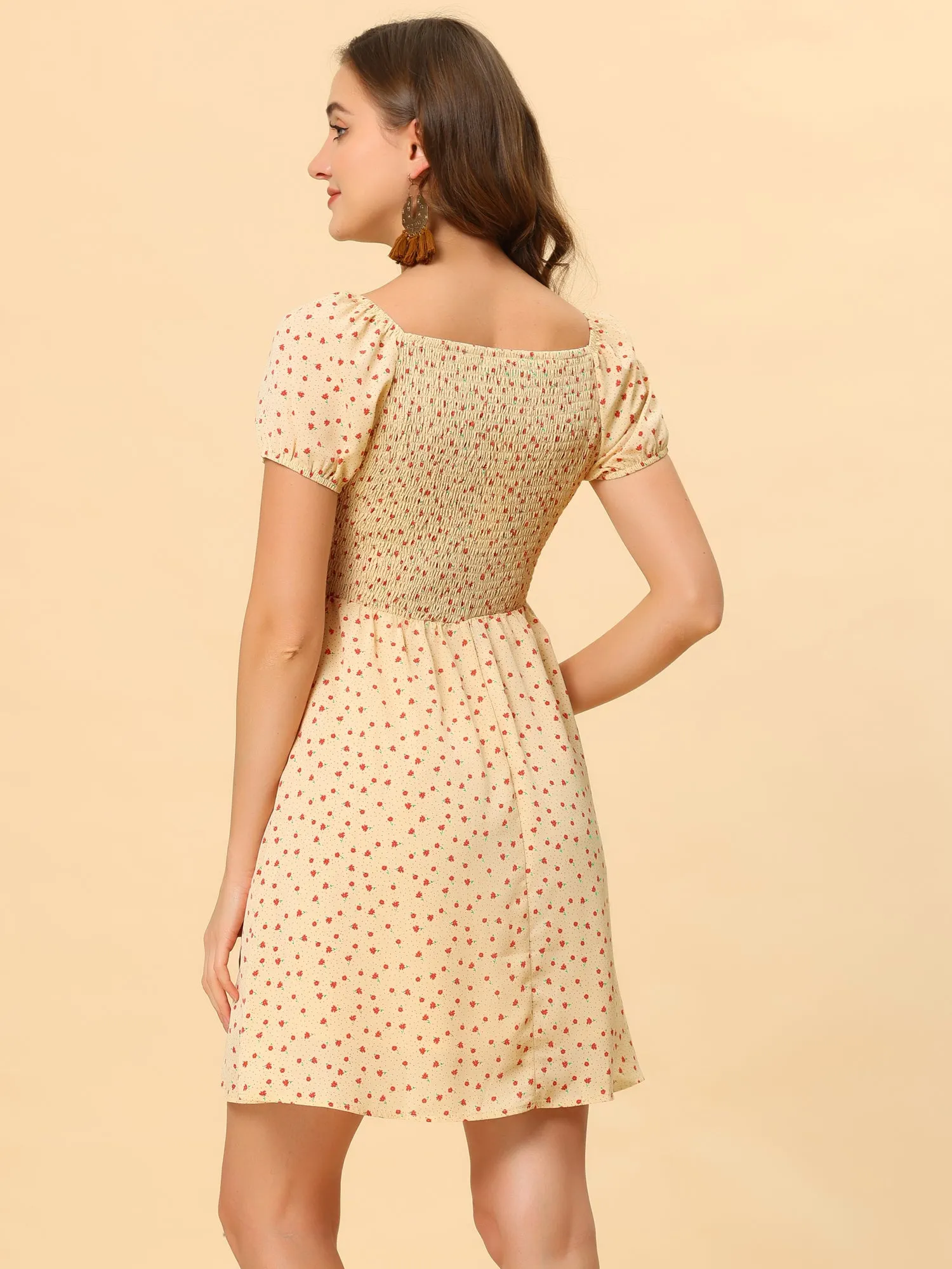 Smocked Short Sleeve Summer Chiffon A-Line Floral Square Neck Dress sold by Allegra K product image thumbnail 4