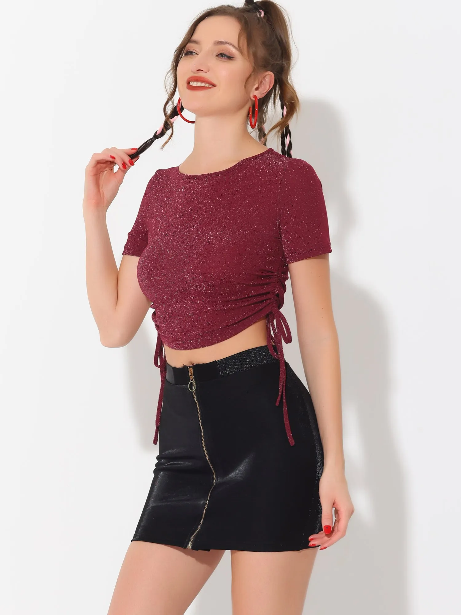 Drawstring Side Ruched Tee Shirt Glitter Crop Tops sold by Allegra K product image thumbnail 5
