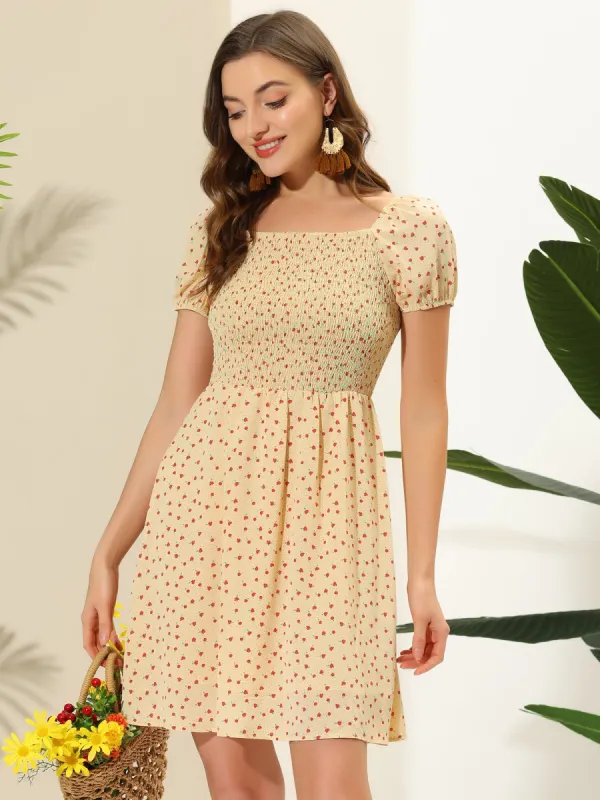 Smocked Short Sleeve Summer Chiffon A-Line Floral Square Neck Dress sold by Allegra K
