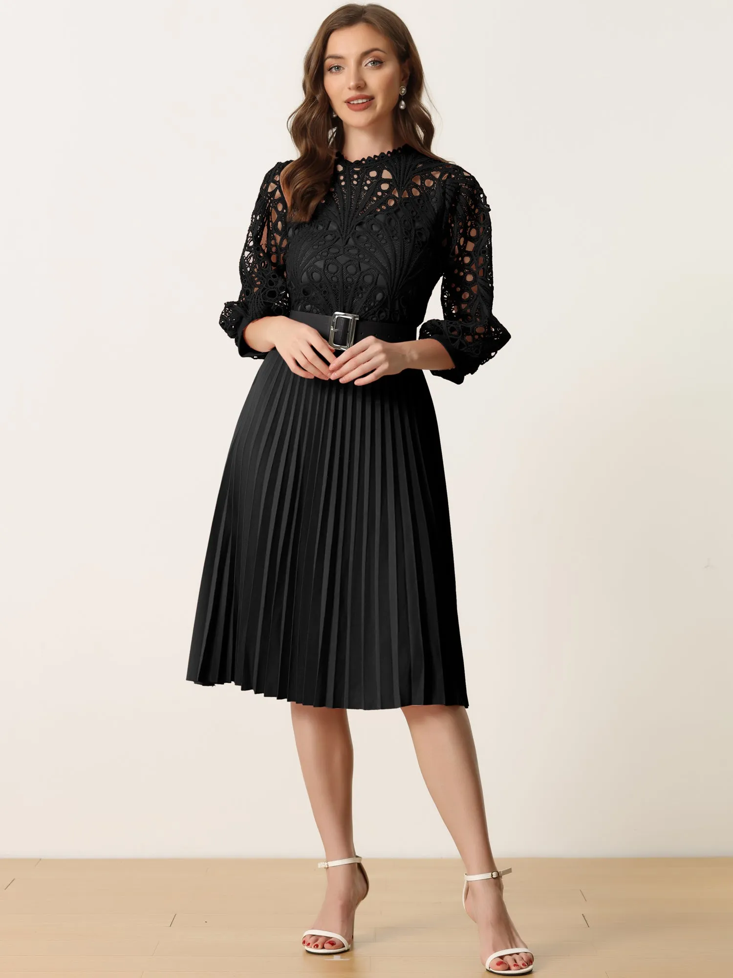 Floral Lace 3/4 Sleeve Belted Panel A-Line Pleated Dress sold by Allegra K product image thumbnail 2