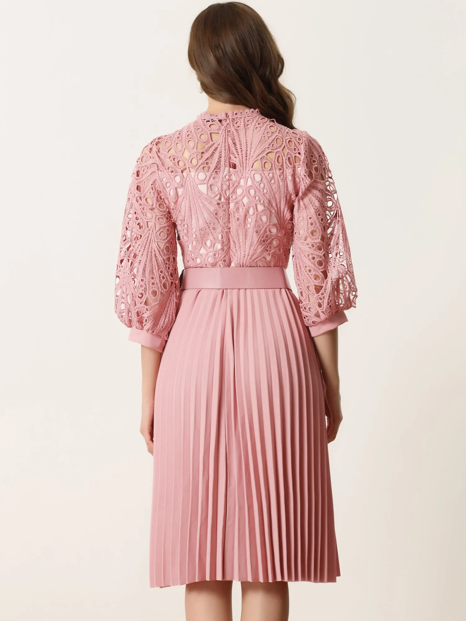 Floral Lace 3/4 Sleeve Belted Panel A-Line Pleated Dress sold by Allegra K product image thumbnail 5