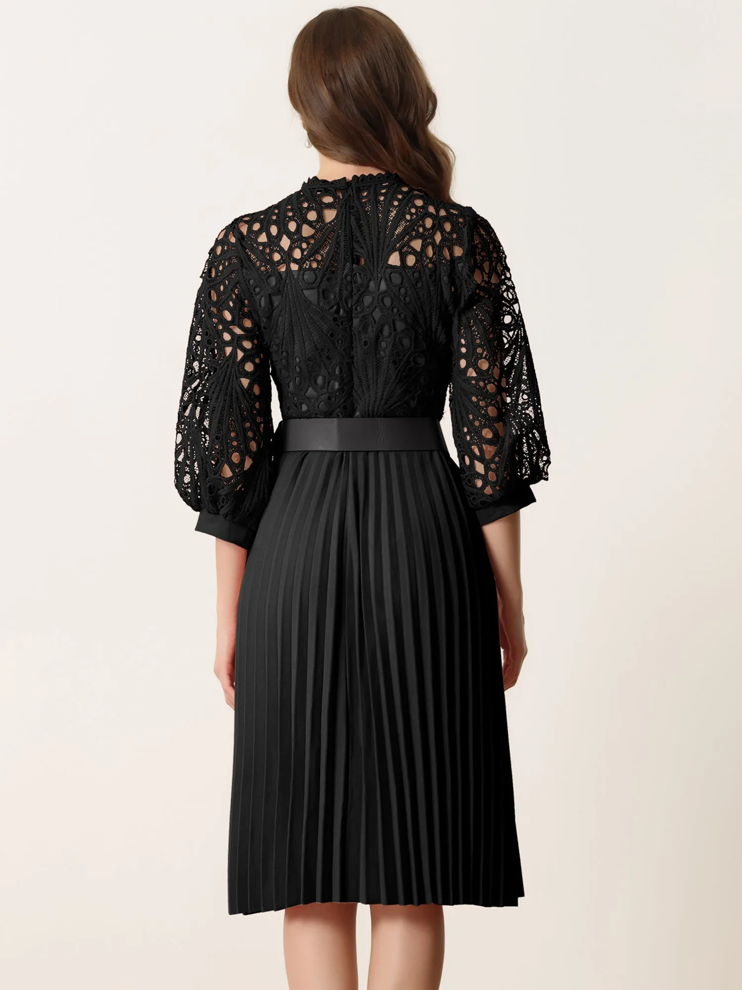 Floral Lace 3/4 Sleeve Belted Panel A-Line Pleated Dress sold by Allegra K product image thumbnail 3
