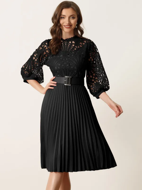 Floral Lace 3/4 Sleeve Belted Panel A-Line Pleated Dress sold by Allegra K